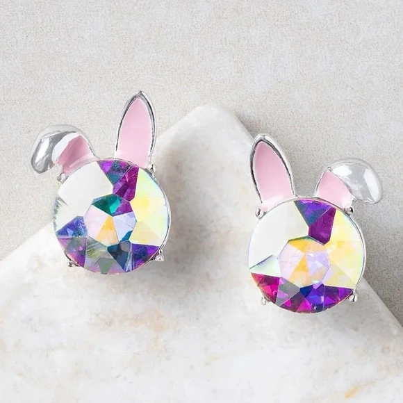 NEW Iridescent Gem Silver Bunny Earrings 🐰 - Picture 1 of 11